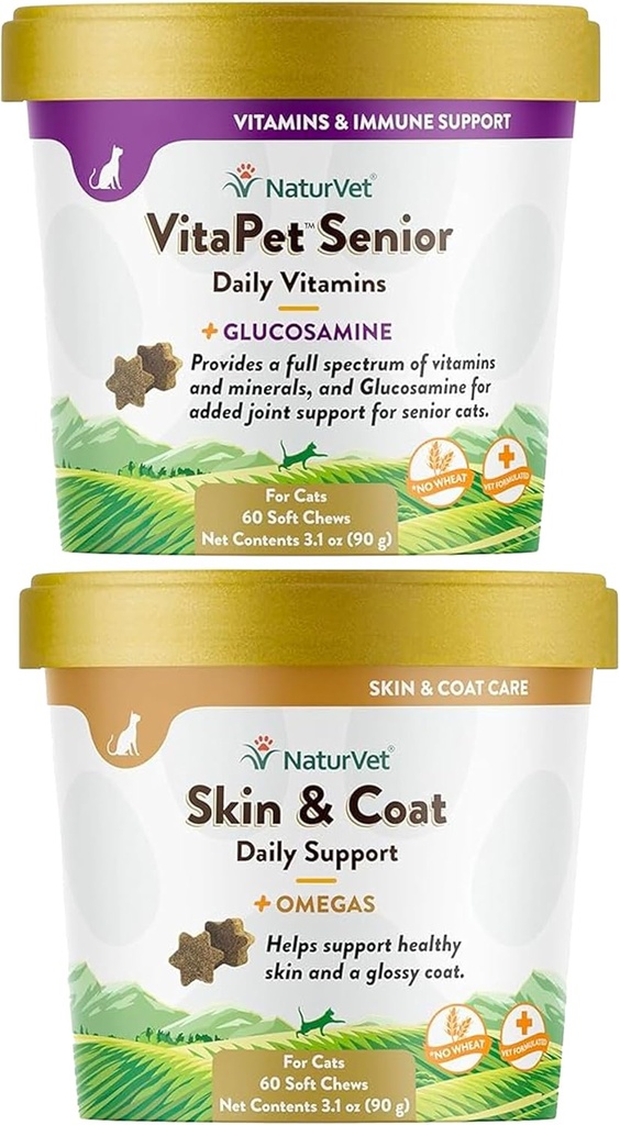 NaturVet - Kůže & Coat Plus Omegas pro kočky - 60 měkké Chews 124; Podporuje zdravou pleť & Glossy Coat 124; & VitaPet Senior Daily Vitamíny pro kočky, které poskytují esenciální minerály, 90 g, 60 Počet