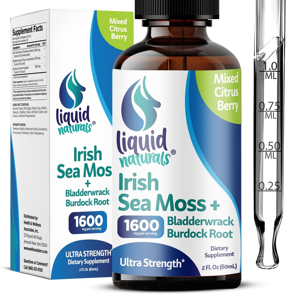 Irish Sea Moss Drops - Citrus Berry Flavor - 92 + Essential Minerals & Vitamins - Energy, Skin, Gut, Recovery - Bladderwrack and Burdock Root - 2 fl. oz