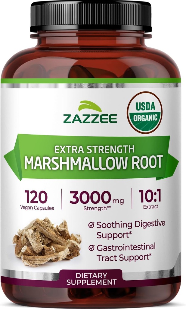 Zazzee USDA Organic Marshmallow Root 10: 1 Extract, 3000 mg Síla, 120 Vegan Kapsle, 4 Měsíční dodávky, Standardizované, Koncentrovaný 10X Extract, 100% Vegetariánské, All- Natural, Non- GMO, Made in USA