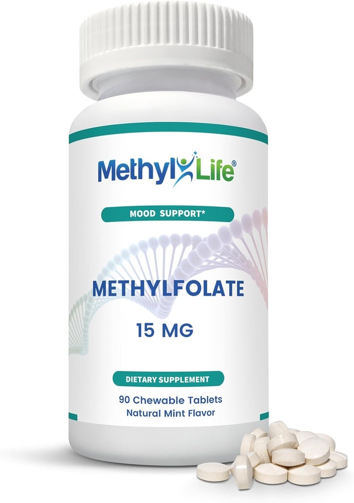 Methyl-Life ® L-Methylfolát 15 mg pro ženy a muže - Active Folate Supplementary with ultraclear Cerebrofolát ® (L-5-MTHF vápník) - Vysoká biodostupnost B9 Support - Chutné žvýkací tablety 124; 90 Počet