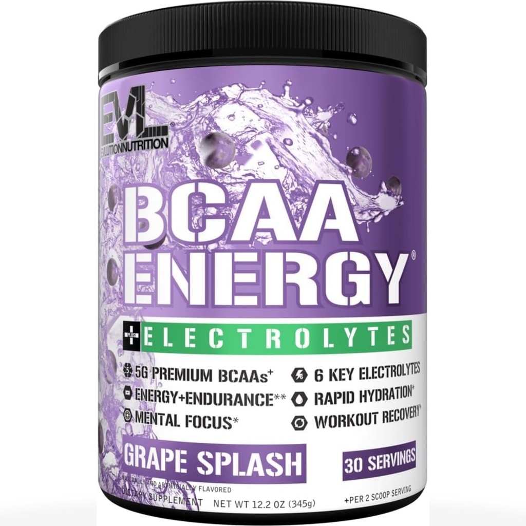 EVL BCAA Aminokyseliny Powder - BCAA Energy Pre Workout Powder for Muscle Recovery Lean Growth and Endurance - Rehydratační příspěvek Recovery Drink s 6 klíčovými elektrolyty - Grape Splash