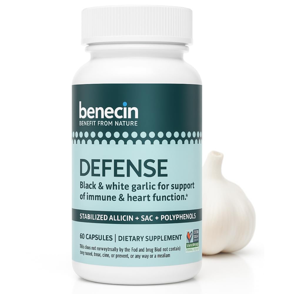 Benecin Defense 1500 mcg stabilizovaný Allicin na kapsli 124; Plus vysoké množství SAC & polyfenolů z černého česneku 124; Výkonná podpora imunitních a srdečních funkcí Vegetariánské čepice (1 počet (balení 60))