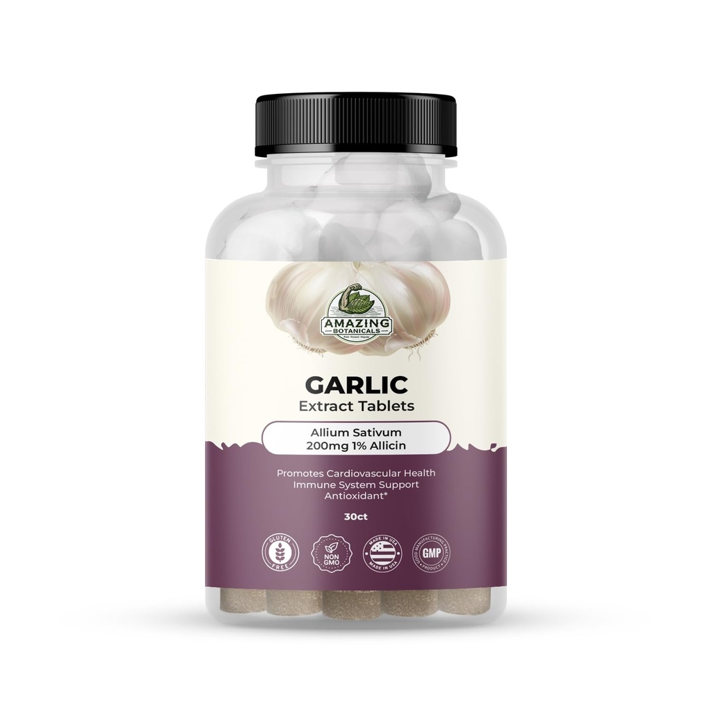 Amazing Botanicals Česnek Extract Tablety - Allium Sativum 200mg, 1% Allicin - High Potency Bylinný dodatek pro Wellness a Vitality - 30 Počet