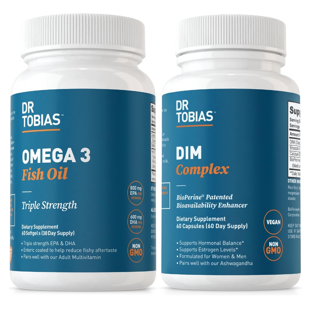 Dr. Tobias Omega 3 Rybí olej a DIM Komplexní doplňky, Podporuje srdce, mozek imunitní funkce a hormonální rovnováhu pro ženy a muže s BioPerine, Borkolina Extract & vápník D- Glucarát, 60 Kapsle