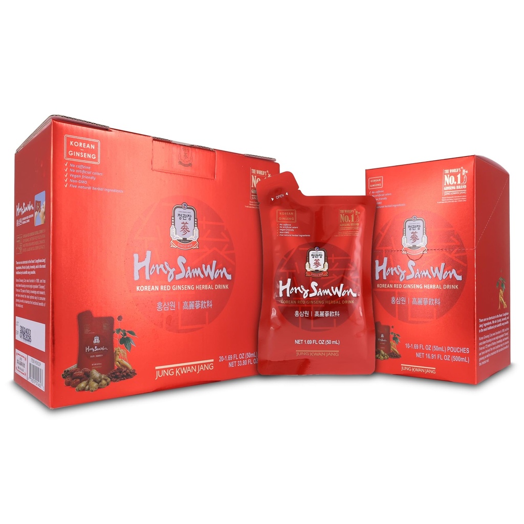 JUNG KWAN JANG HongSamWon Korean Red Ginseng Bylinný nápoj 124; Energy Drink, Pre Workout, Ginseng dodatek, Bylinný čaj 124; Korean Red Ginseng Extract, Jujube, Ginger, Skořice 124; Vegan Friendly 124; 20 Count