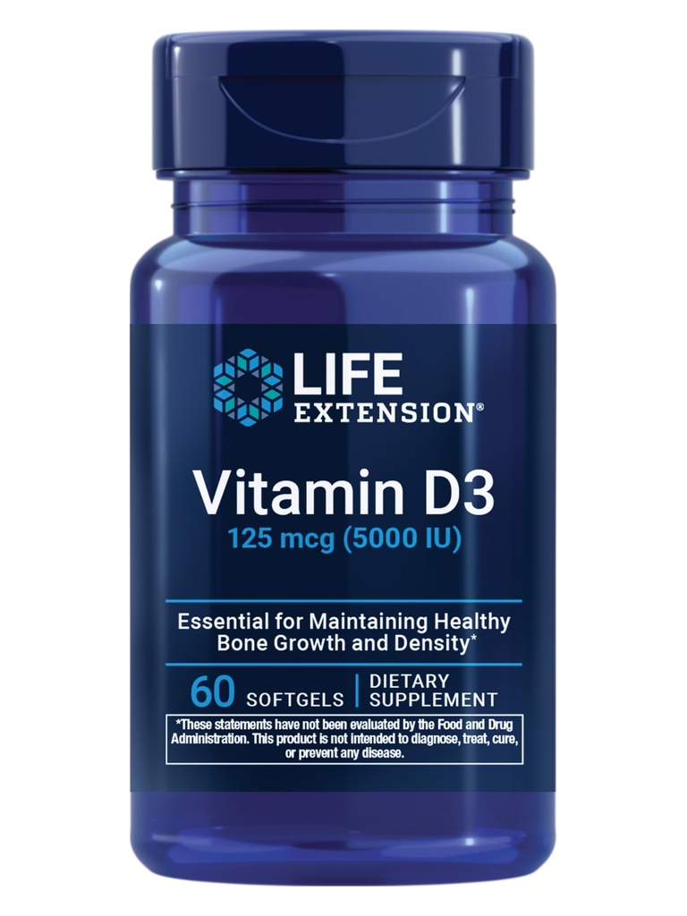 Life Extension Vitamin D3 125 mcg (5000 IU), Kostní zdraví, Výkon mozku, Podpora imunitního systému, Gluten- Free, Non- GMO, Jednou denně, Two- Month Supply, 60 Softgels