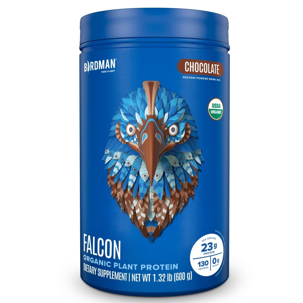 BIRDMAN Falcon Vegan Protein Powder Organic, Stevia & Sugar Free, Plant Based Protein, Low Carb, Dairy Free, Keto, Non Whey Protein, Probiotic, Pea Protein Febru124; Chocolate Flavor - 18 Servings - 1.32lb