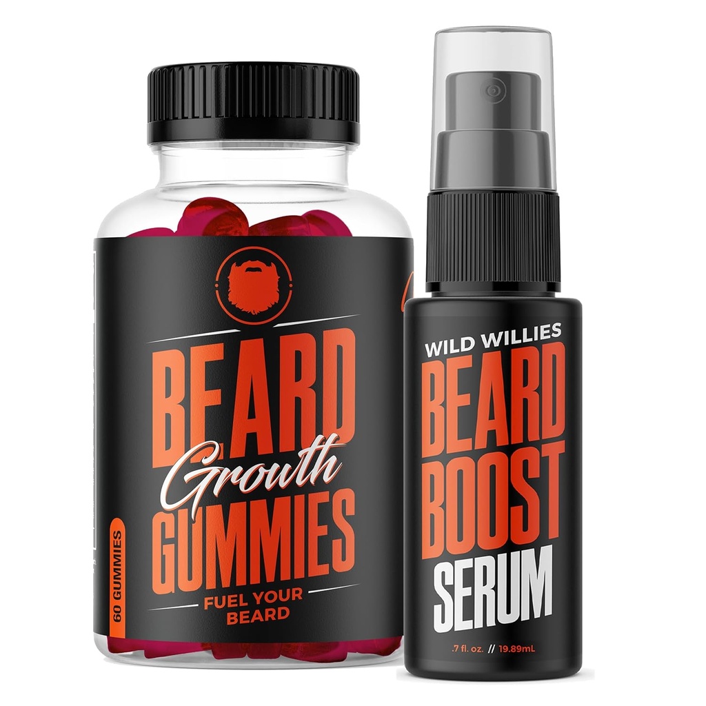 Wild Willies Beard Growth Dual Threat: Beard Growth Gummies and Serum Kit for men - Biotin, Kofein & Essential Growth Oil for Fuller, Silnější Facial Hair - Beard Vitamins & Enhance Beard Growth