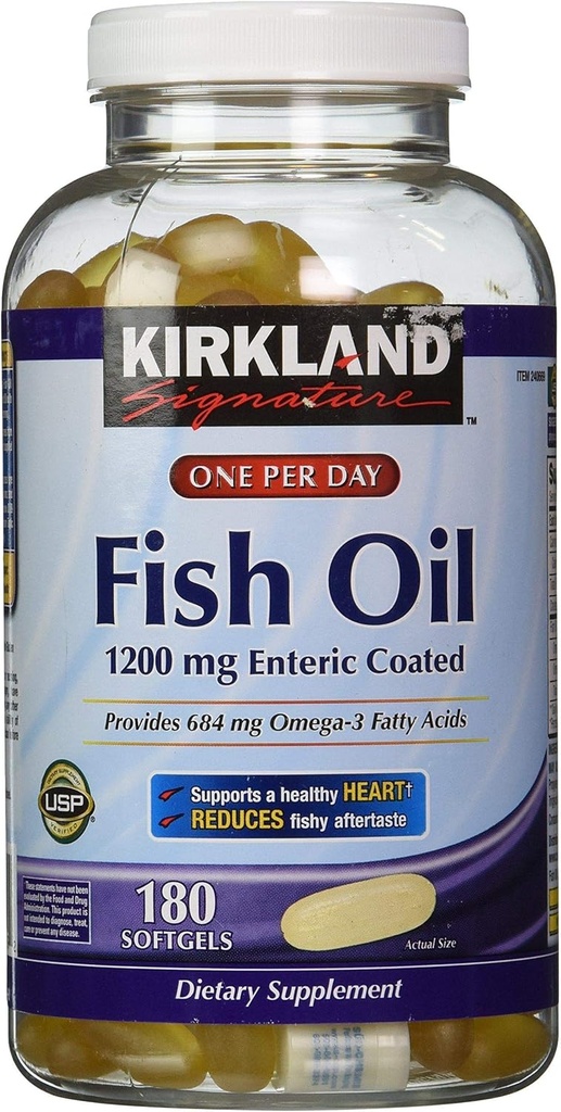 Kirkland signature Enteric Coated Fish Oil Omega 3 1200 MG Fish Oil, 684 MG Omega 3 Fatty Acids, 180 softgelů