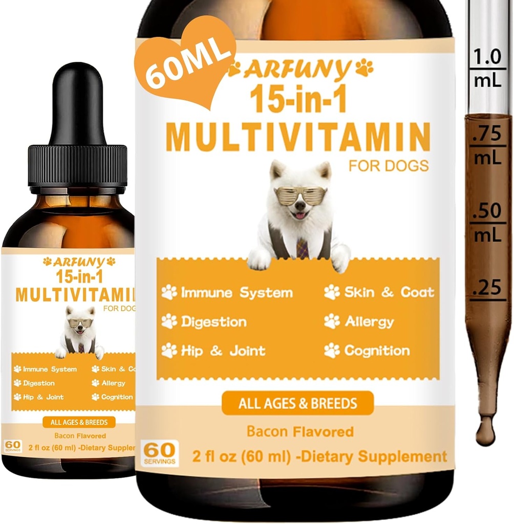 15 v 1 Multivitamin pro psy - Pes Multivitamin Tekutá podpora Joint, Gut & Imunitary Health - Psí strava, srdce, kůže & Coat Health - Vitamin doplňky pro štěně - Slanina Flavor