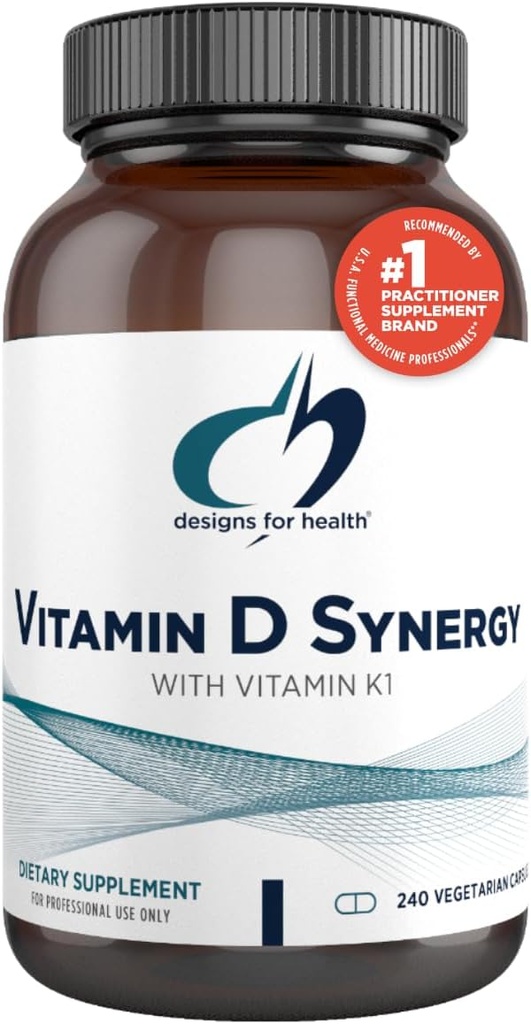 Designy pro zdraví Vitamin D Synergie - 2000 IU Vitamin D s doplňkem K - Podporuje zdravé nálady, zdraví kostí + imunitní zdraví pro dospělé - VIT D3 + Vitamin K - Gluten zdarma + Non- GMO (240 Kapsle)