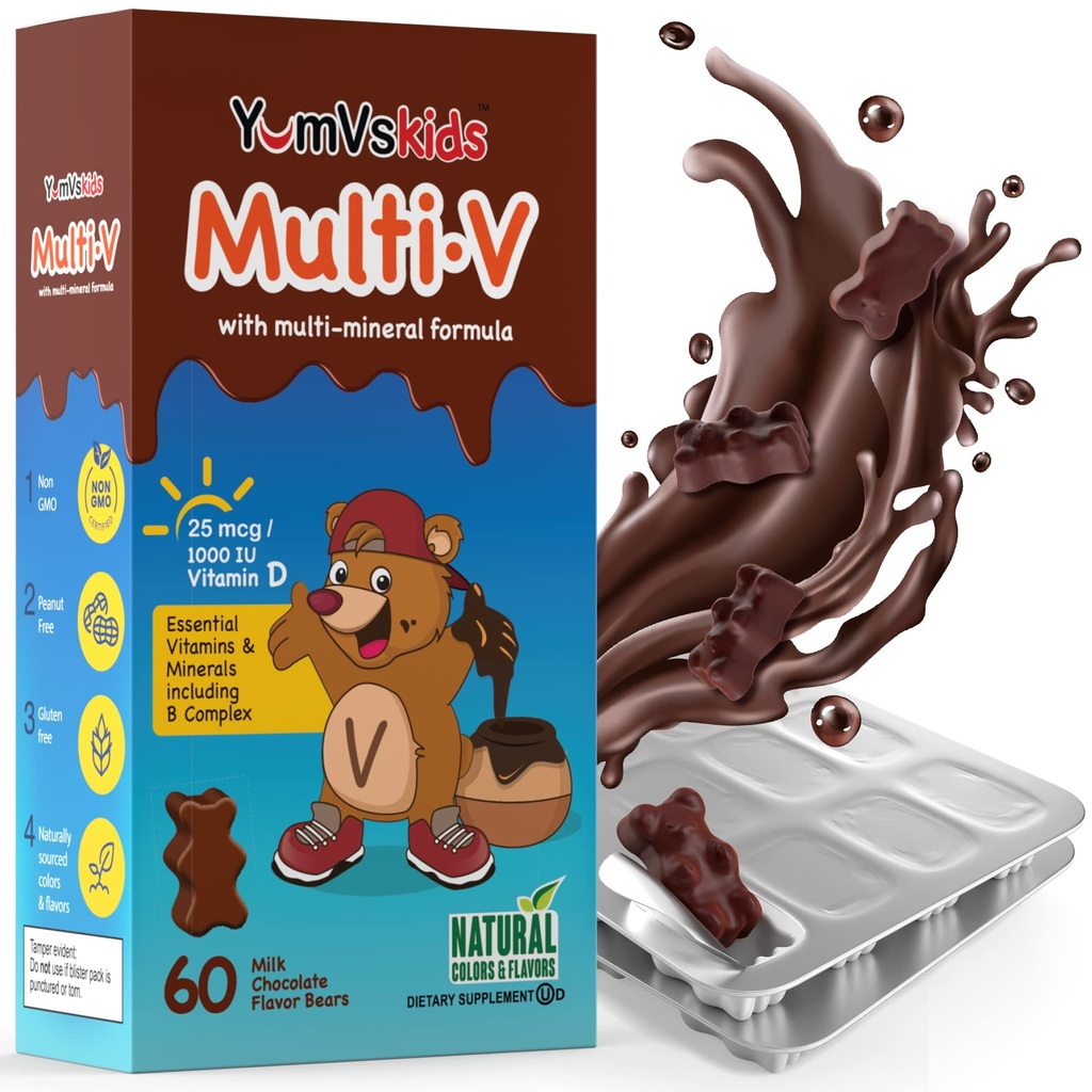 YUM-V 's - Děti Multivitaminové žvýkací čokoládové medvídky - Multivitamin pro děti dodatek - 16 Vitamíny a minerály - Vitamíny včetně D, zinek, C, B Complex & More, 60 Počet balení po 1