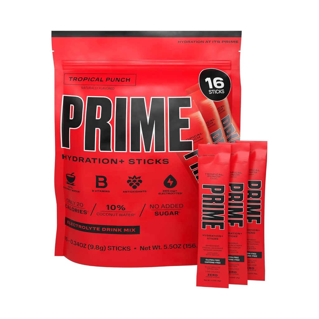 PRIME HYDRATION + Sticks Tropical Punch 124; Hydration Powder Single Serve Sticks 124; Electrolyte Powder On The Go Official 124; 250mg BCAA, B Vitaminy, Antioxidanty 124; Nízký cukr 124; Caffeine- Free Official 124; Vegan Official 124; 16 Sticks