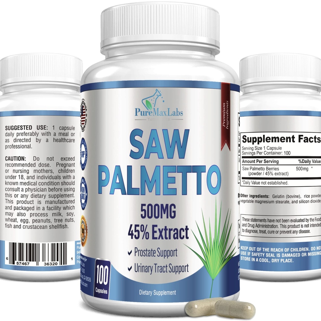 Extra Pevnost Saw Palmetto - 45% Extract Prostate Dodatek, Snížení časté močení, DHT blokování pro růst vlasů, Non- GMO, 100 Kapsle