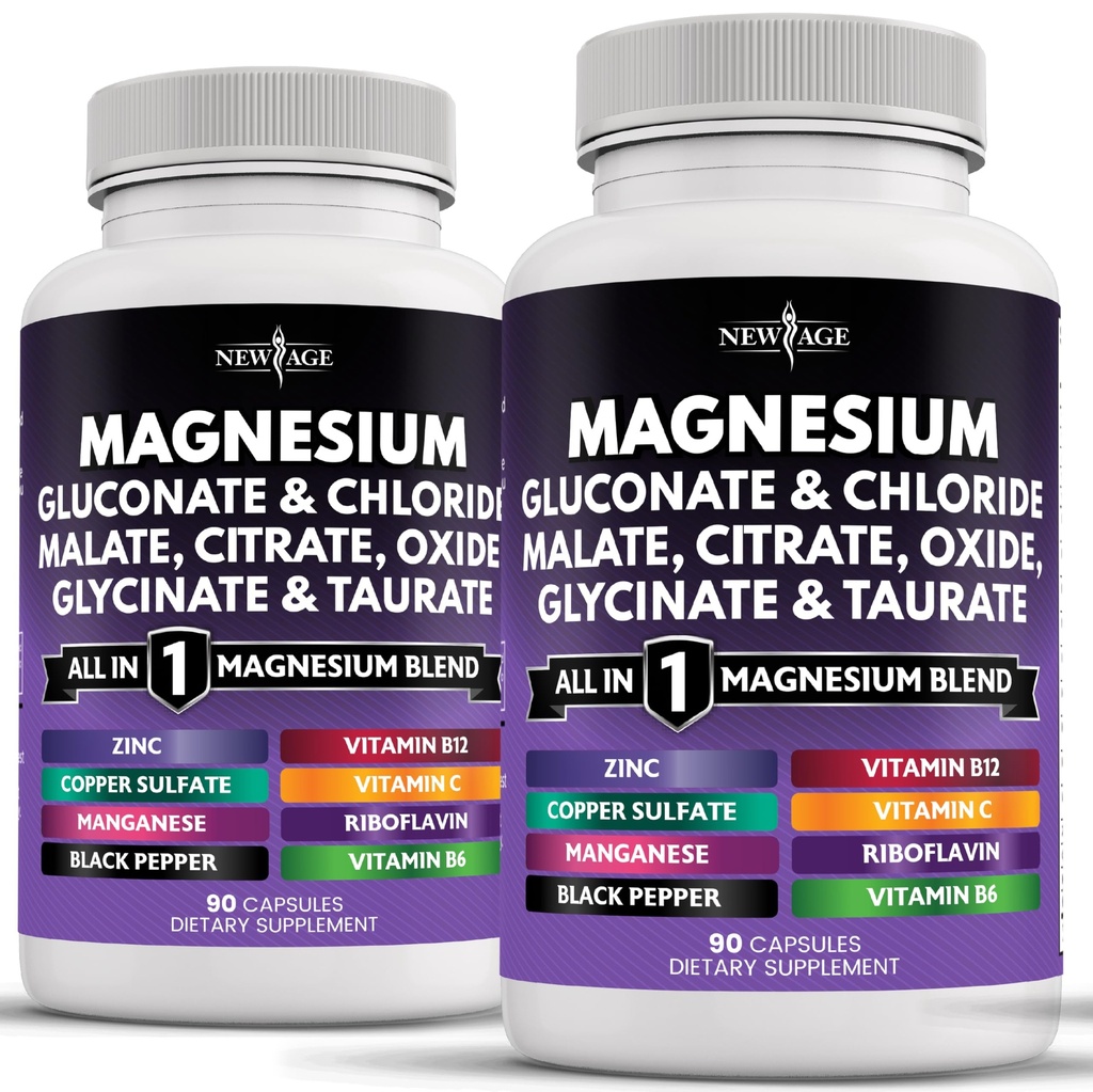 NEW AGE Magnesium Dodatek -Výkonný Glycinát Citrát Oxid uhličitý Taurát Aspartát glukonát Orotate & Mag Chlorid Mangan zdraví kostí a pevnost kostí, Společná podpora - 180 Počet