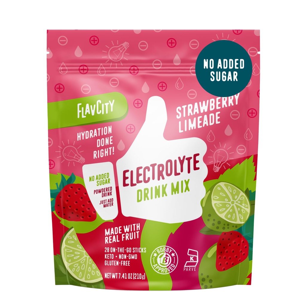 FlavCity Strawberry Limeade Electrolytes Powder Packets - 28 Hydration Packets - No Add Sugar - Hydration Powder with Real Fruit & Unrefined Sea Salt - Keto & Gluten- Free (28 Stick Packs)