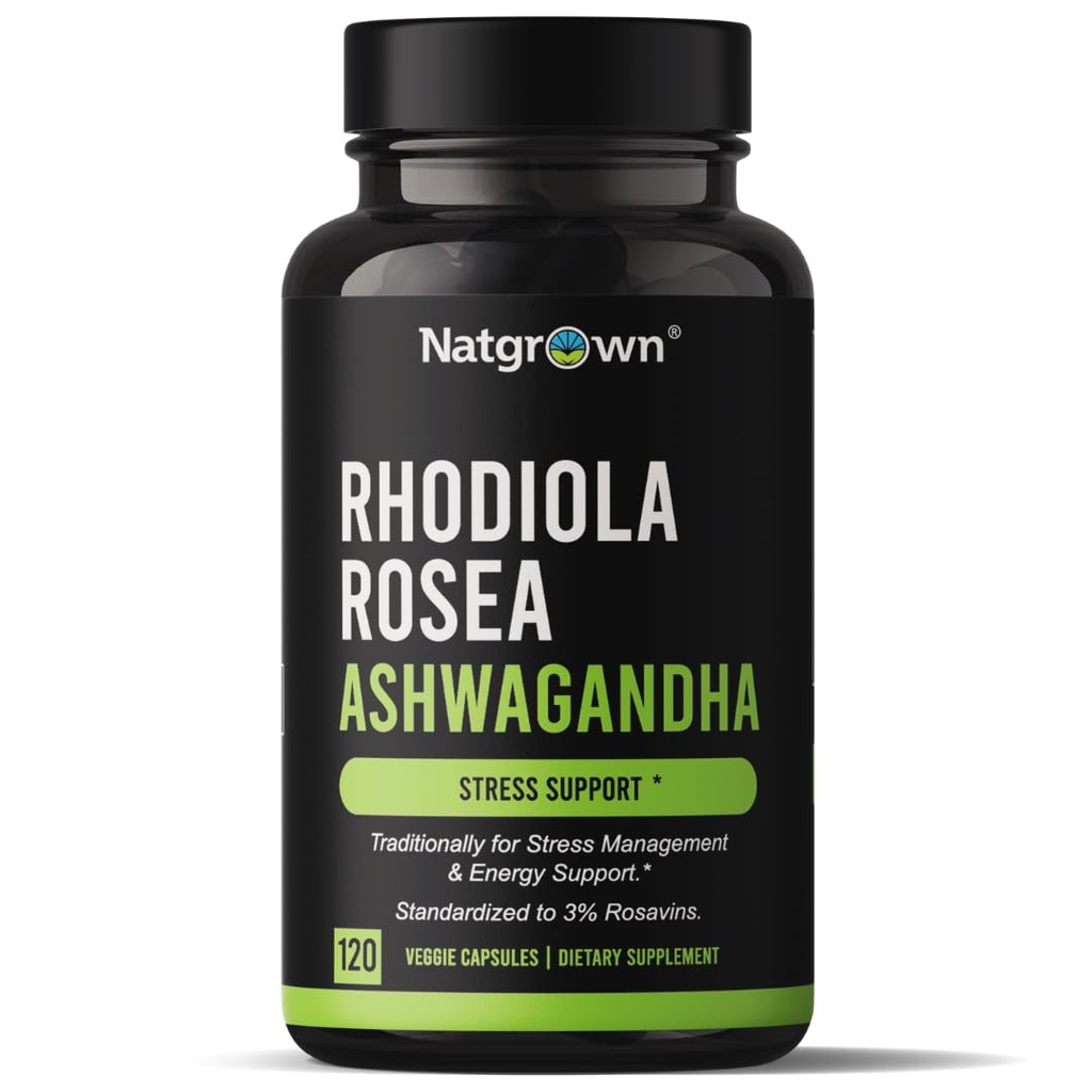 Natgrew Rhoddiola Rosea s Ashwagandha Root Extract Kapsle - Standardizované na 3% Rosavins a 1% Salidroside - 120 Počet