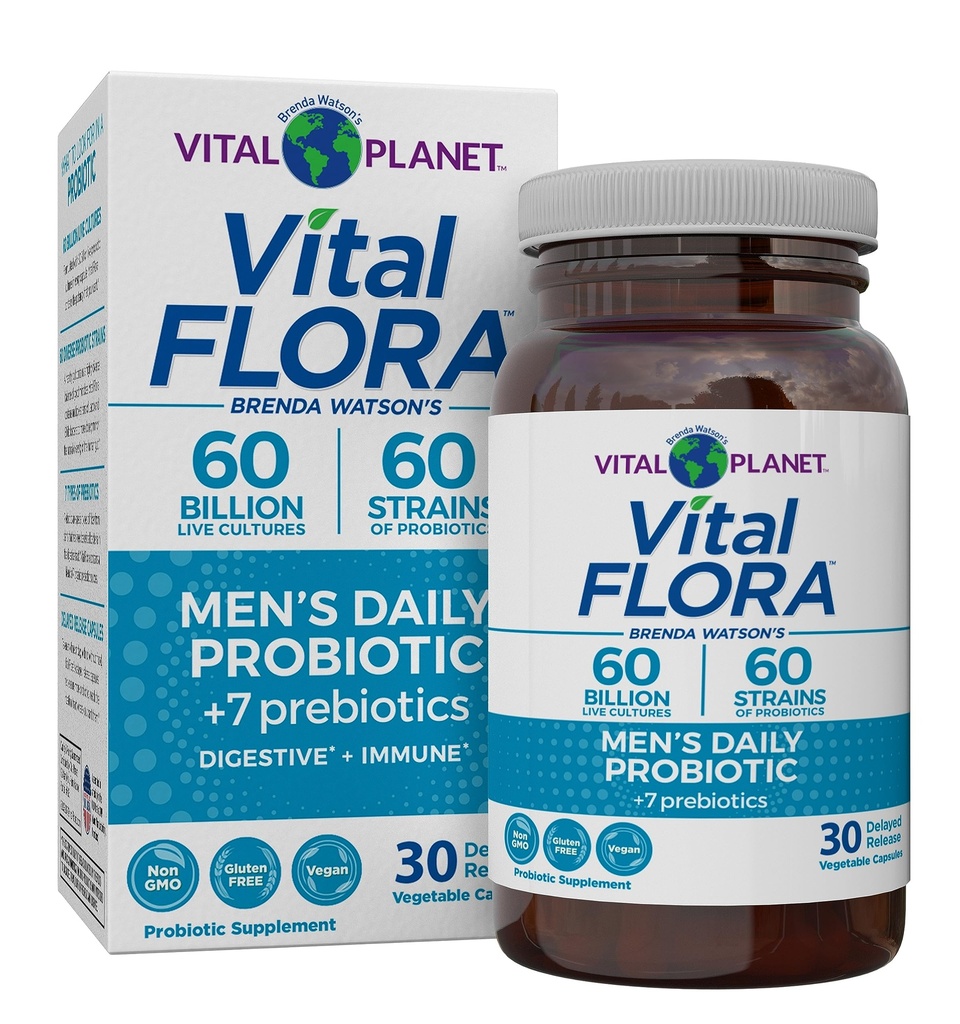 Vital Planet - Vital Flora Men 's Daily Probiotic, 60 Billion CFU, 60 Diverse Strains, 7 Organic Prebiotics, Immunial Support, Gas Relief, Colon a Digestive Health Probiotika pro muže 30 Kapsle