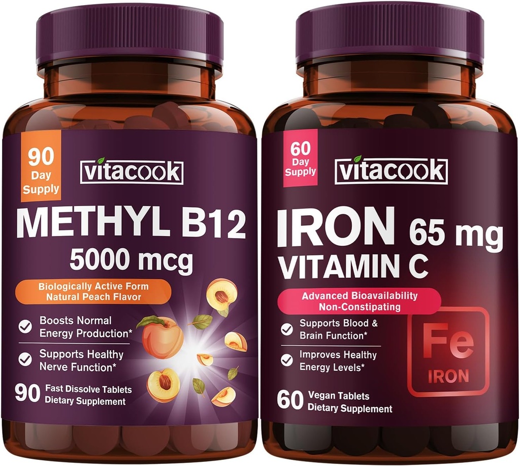 Železo a vitamín B12 Bundle, 5000 mcg B12, Nulový cukr, karbonyl železo s vitaminem C, jemný na žaludku