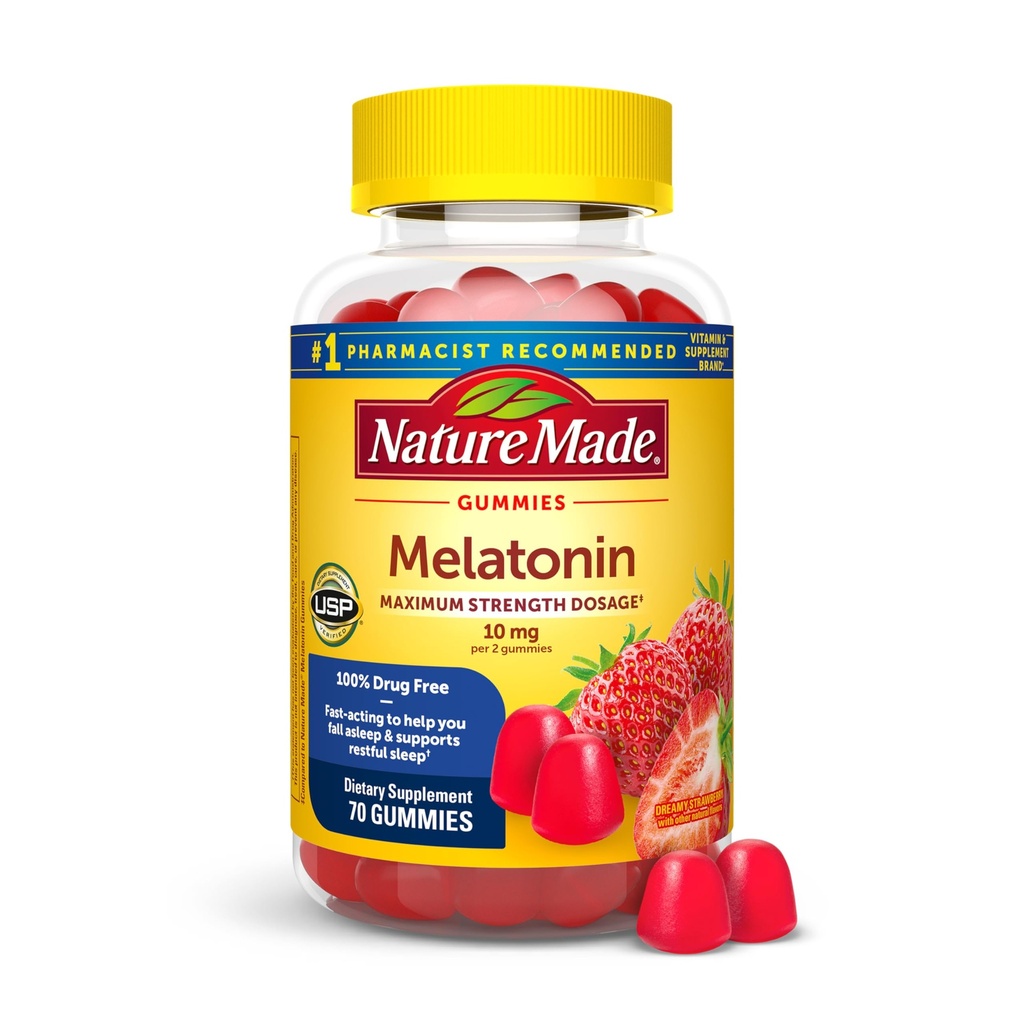 Příroda Made Melatonin 10 mg na porci Gummies pro dospělé, Maximální síla Dávkování Spánková pomoc, 100% Droga zdarma, 70 Počet Melatonin Gummies, 35 Den Dodávka