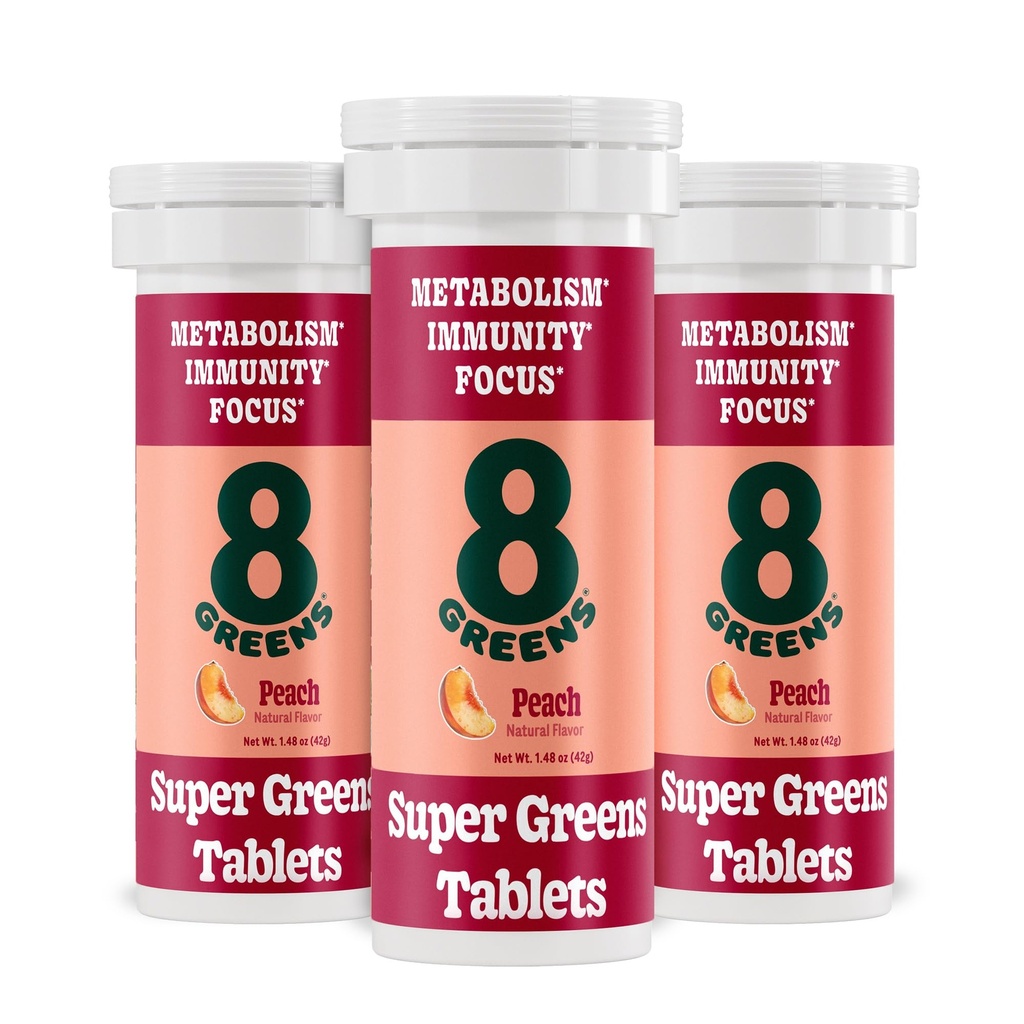 8Zelené Supergreens Tablety CARL 124; Super Zelené Powder Superfood Tablet, Metabolismus Immunity & Focus, Denní Zelené Effervescent Tablety, Organic: Aloe Vera, Spirulina, Chlorella, Peach, 30 Servings
