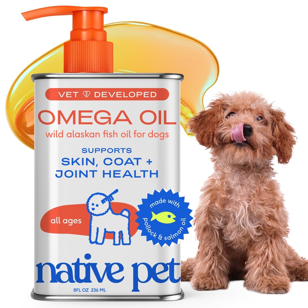 Native Pet Omega 3 Fish Oil for Dogs & Cats - Podporuje zdravou pleť, lesklý plášť, a silné spojky - Vyrobeno s volně žijícím aljašským lososovým olejem pro psy - Chutné, Fast- Absorbování Omega 3 6 9 Tekuté doplňky - 8oz