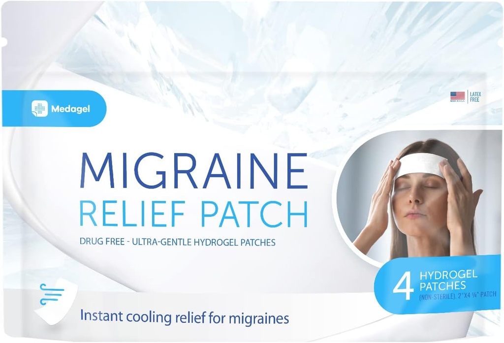 Migréna Relief Patch, Chladicí Záplaty pro Migrénu, Horečka, Hormon, & Bolesti hlavy, Mess & Odor- Free Hydrogel Cooling, Made in The USA, 1 balení (4 x Záplaty) Bílá