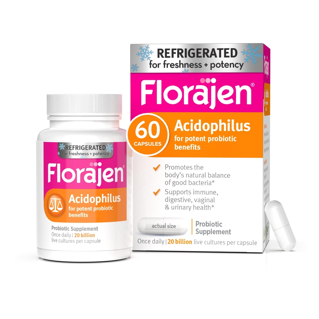 Florien Acidophilus High Potency Chladničky Podporuje celkové zdraví, 20 miliard CFU pro potenciální probiotické výhody, Neochucené, 60 Počet