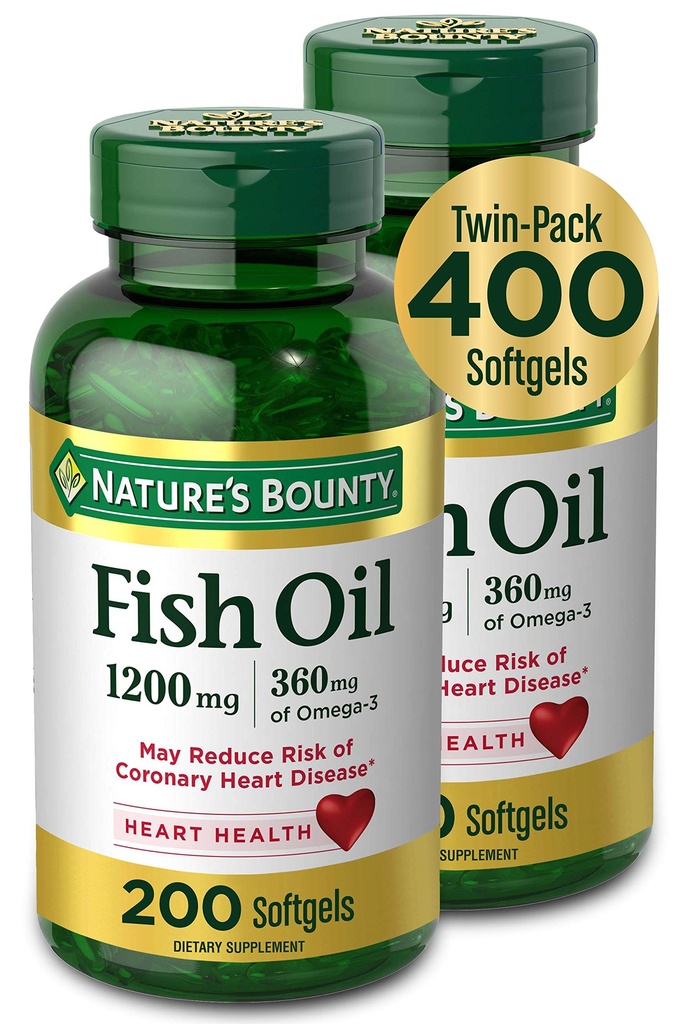 Příroda 's Bounty Fish Oil, Dietní dodatek s 360mg Omega33, podporuje srdce zdraví, 1200mg, 200 Softgels (balení po 2)