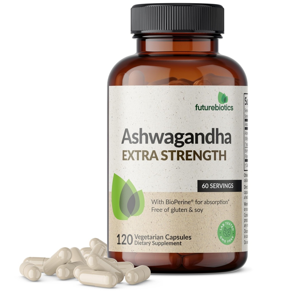 Futurebiotika Ashwagandha Extra Pevnost Stress & Mood Podpora s BioPerine - Non GMO Formule, 120 Vegetariánské kapsle