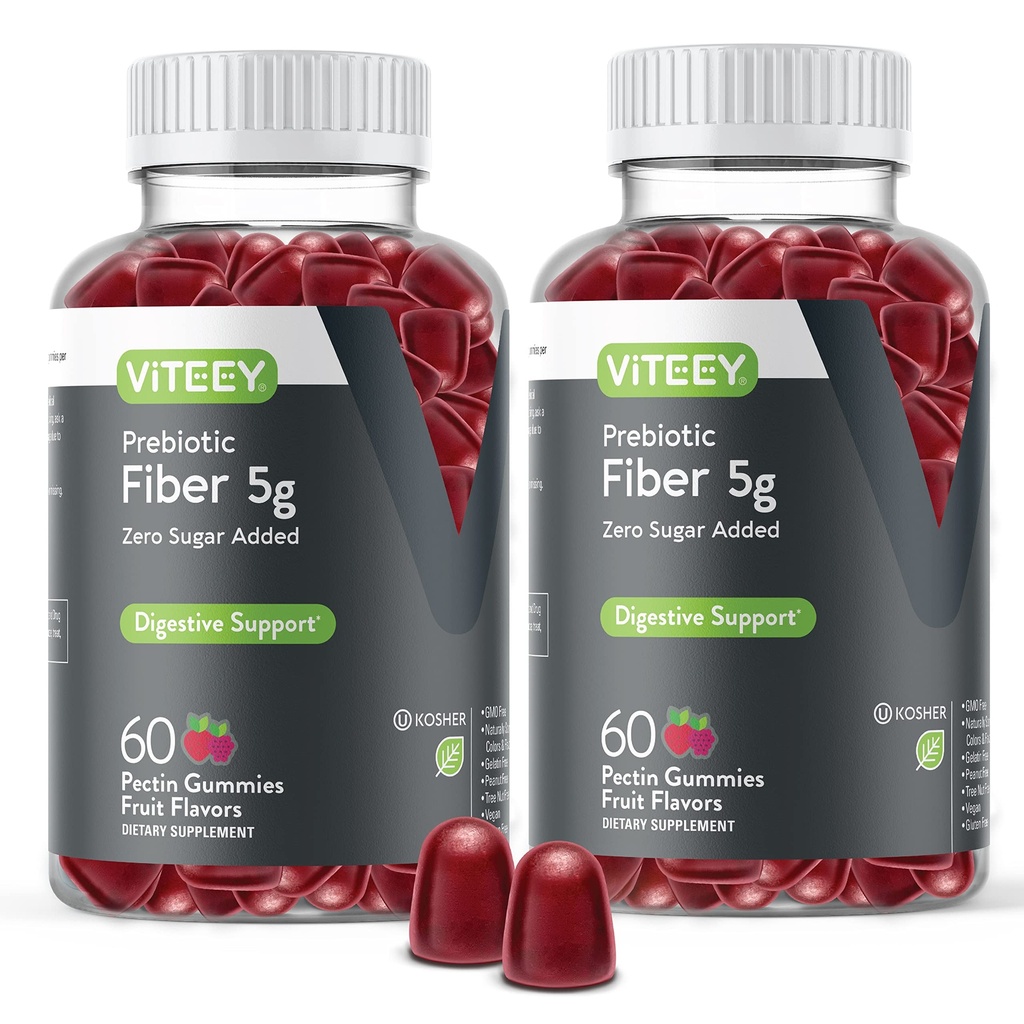 Viteey Prebiotic Fiber Gummies pro dospělé, 5g - Gut Health & Digestive Soluble Fiber Supplement Gummies - Nulový cukr přidaný, Vegan, gluten- Free - 120 Počet