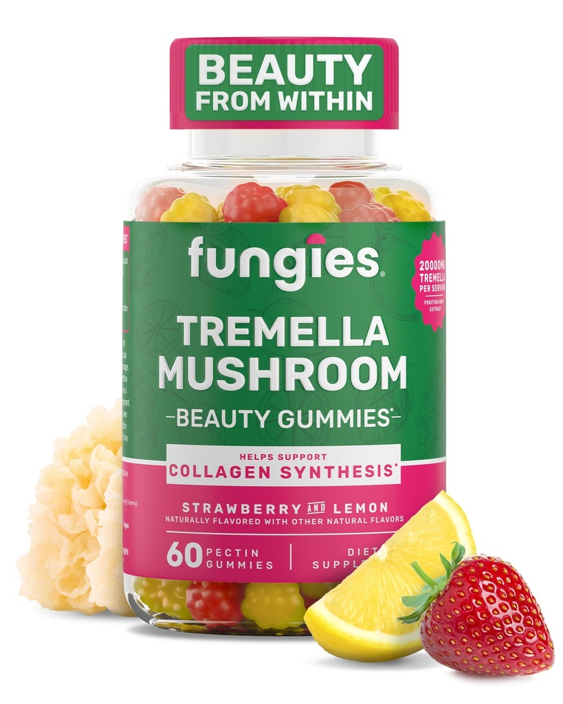 Fungies Tremella Houbové gumy, Smíšené jahody & Lemon Flavor - Houba Bylinný dodatek Gummy pro dospělé Podporuje kolagen Syntéza, Zdravá kůže a zdravé stárnutí - Krása Gummies 60 Služeb