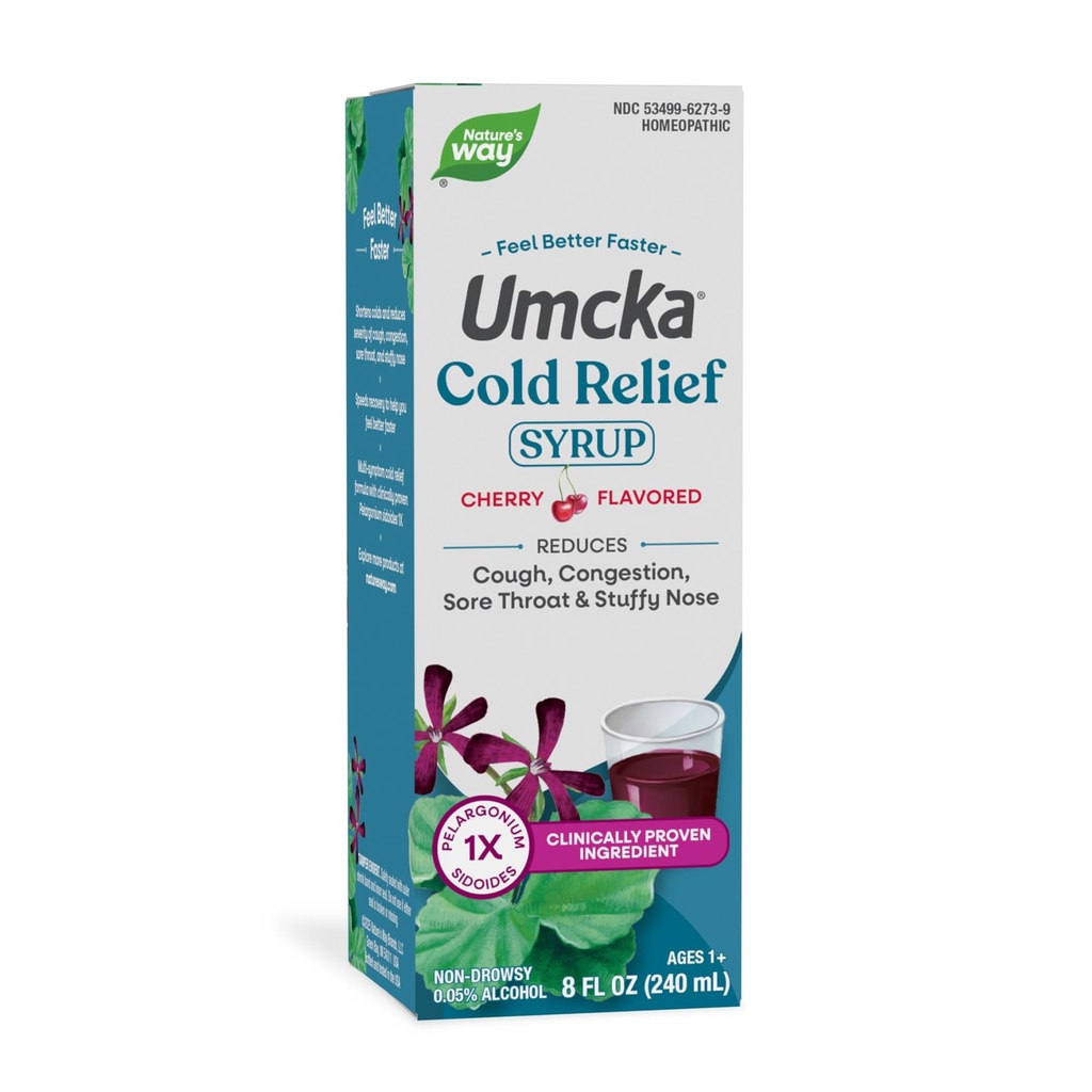 Nature 's Way Cold Relief Syrup, Umcka, Shortens Trvání & Snižuje Závažnost, Multi- Symptom Cold Relief, Homeopatické, Fenylephrine Free, Non- Drowsy, Cherry ochucené, 8 Fl Oz (Balení květen Vary)