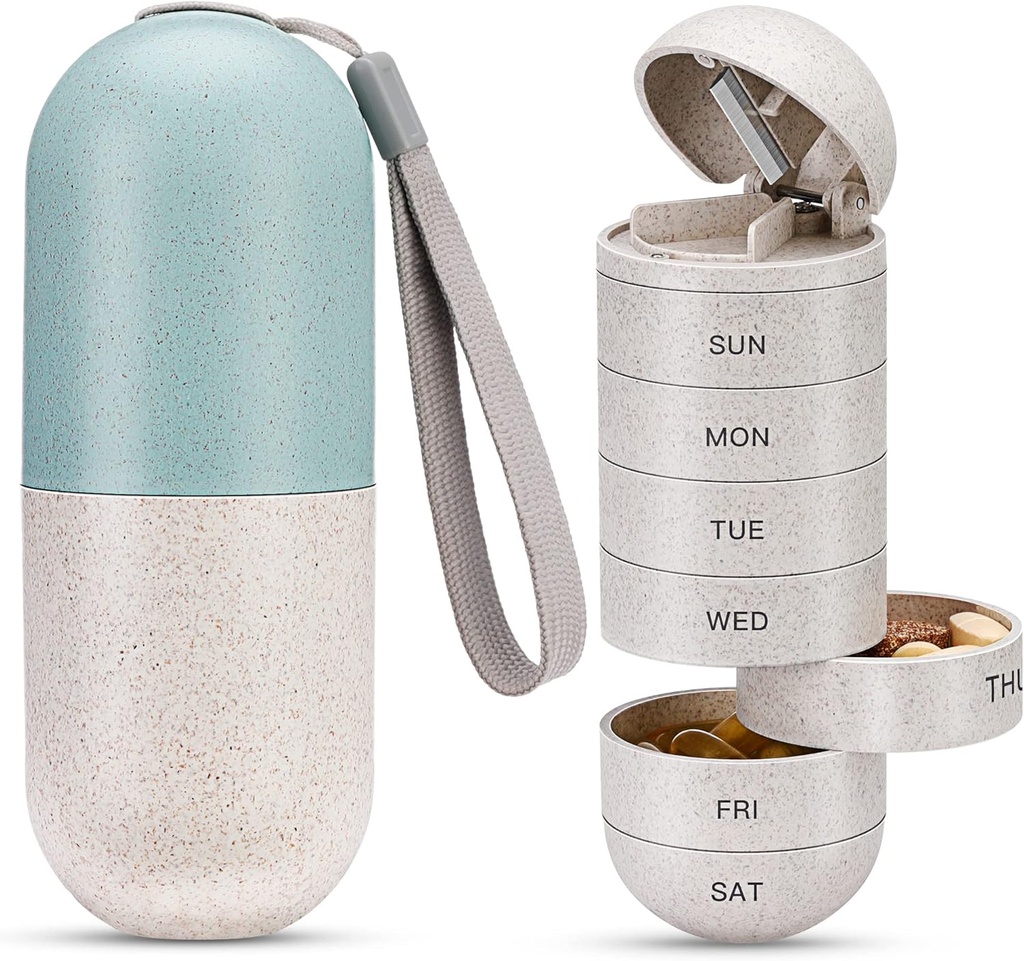 Zannaki 2 v 1 Pill Pořadatel s Cutter, Grain Fiber Týdenní Pill Pouzdro Velký Kompatibilní Moisture Proof, Magnetický zámek, BPA Volný cestování Pěší Pill Box 7 Den držet pilulky, Vitamíny, Rybí olej, doplňky