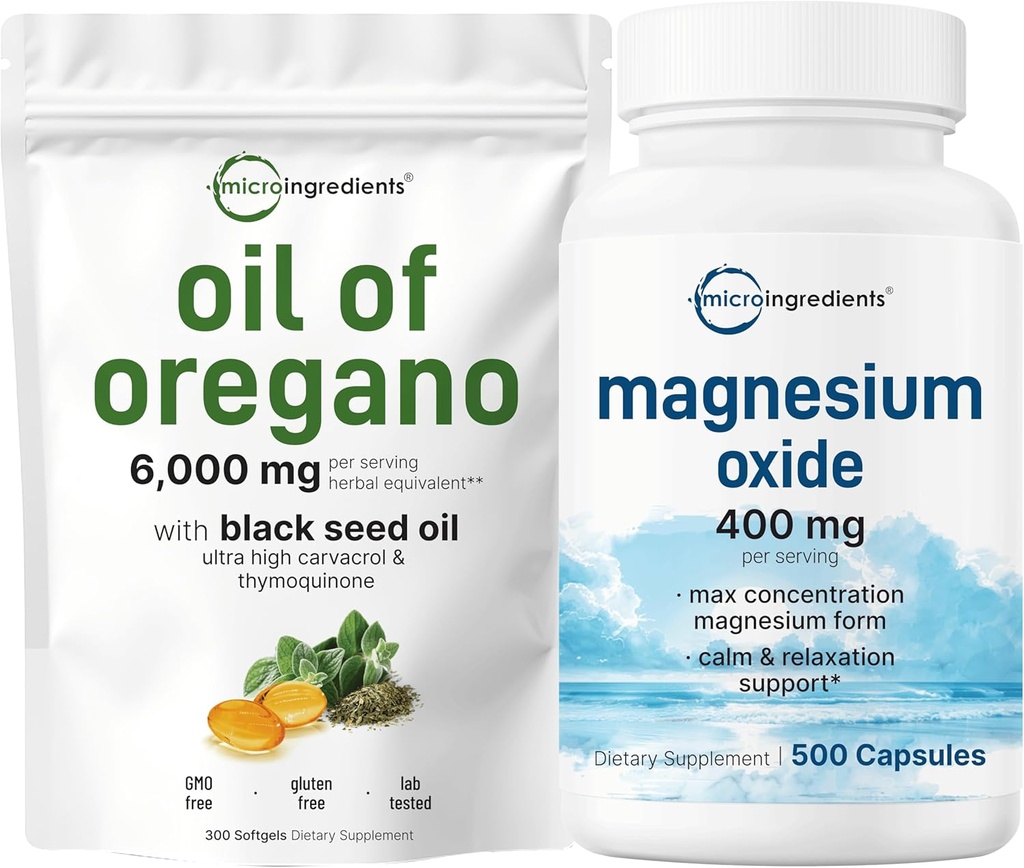 Micro Ingredients Oil of Oregano Softgels 6,000mg Per Serving & Magnesium Oxide 400mg Bundle Pack OF 124; 4X Strength Carvacol & Thymoquinon OF 124; Elementární forma pro maximální koncentraci