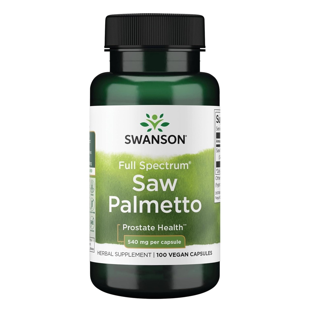 Swanson Saw Palmetto - Bylinný dodatek Podpora mužského prostaty Zdravotní podpora - Přírodní ochlupení & Močová zdravotní podpora - 540 mg 100 Kapsle