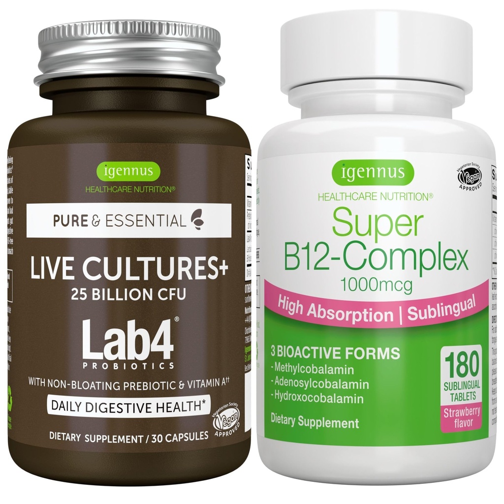 Živé kultury + Lab4 Probiotika + Super B12- Complex, Vegan Bundle, 25 miliard CFU Lactobacillus Acidophilus a Bifidobacterium + High Absorption Sublingual B12, by Igennus