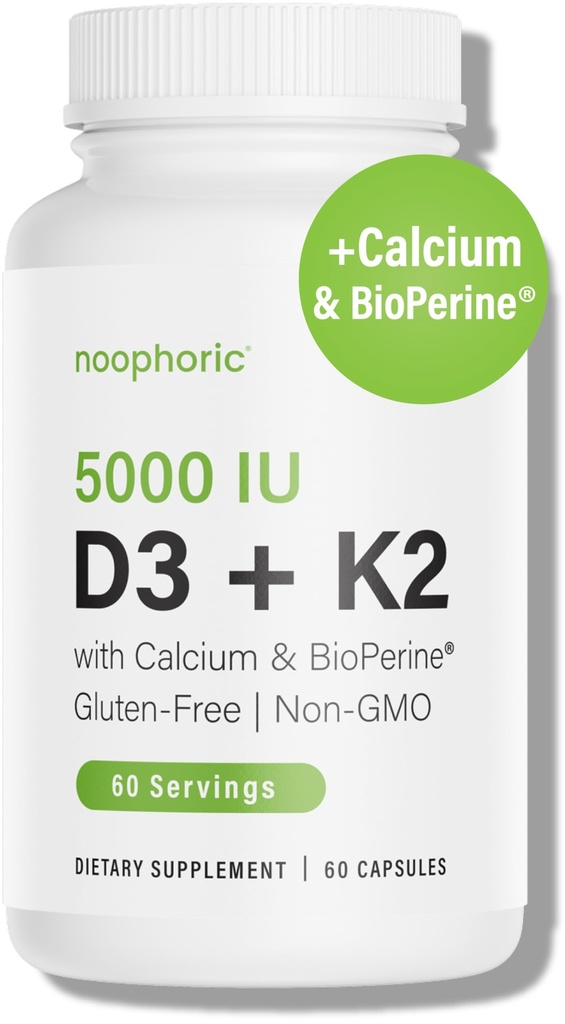 Noophoric D3 K2 Vitamin 5000 IU - Vitamin K2 100 mcg MK7, vápník, BioPerine - Kostní zdraví a imunitní podpora Dodatek - Gluten- Free, Non- GMO - Vitamin D3 K2 dodatek (60 Služeb)