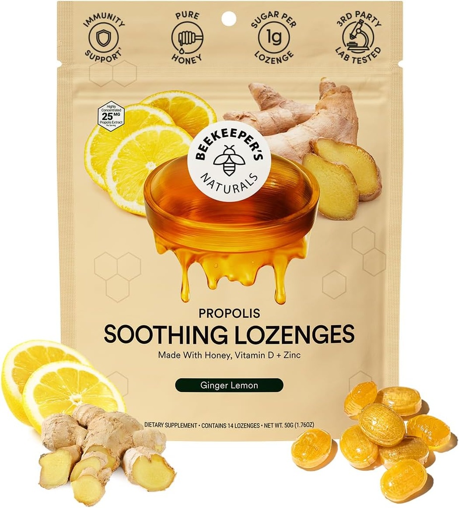 Beekeerovy Naturals Soothing Honey Ginger Lemon Cough Drops - Imunitní podpora s vitamínem D, zinek a propolis Krční Soothing Lozenges, 14 Ct