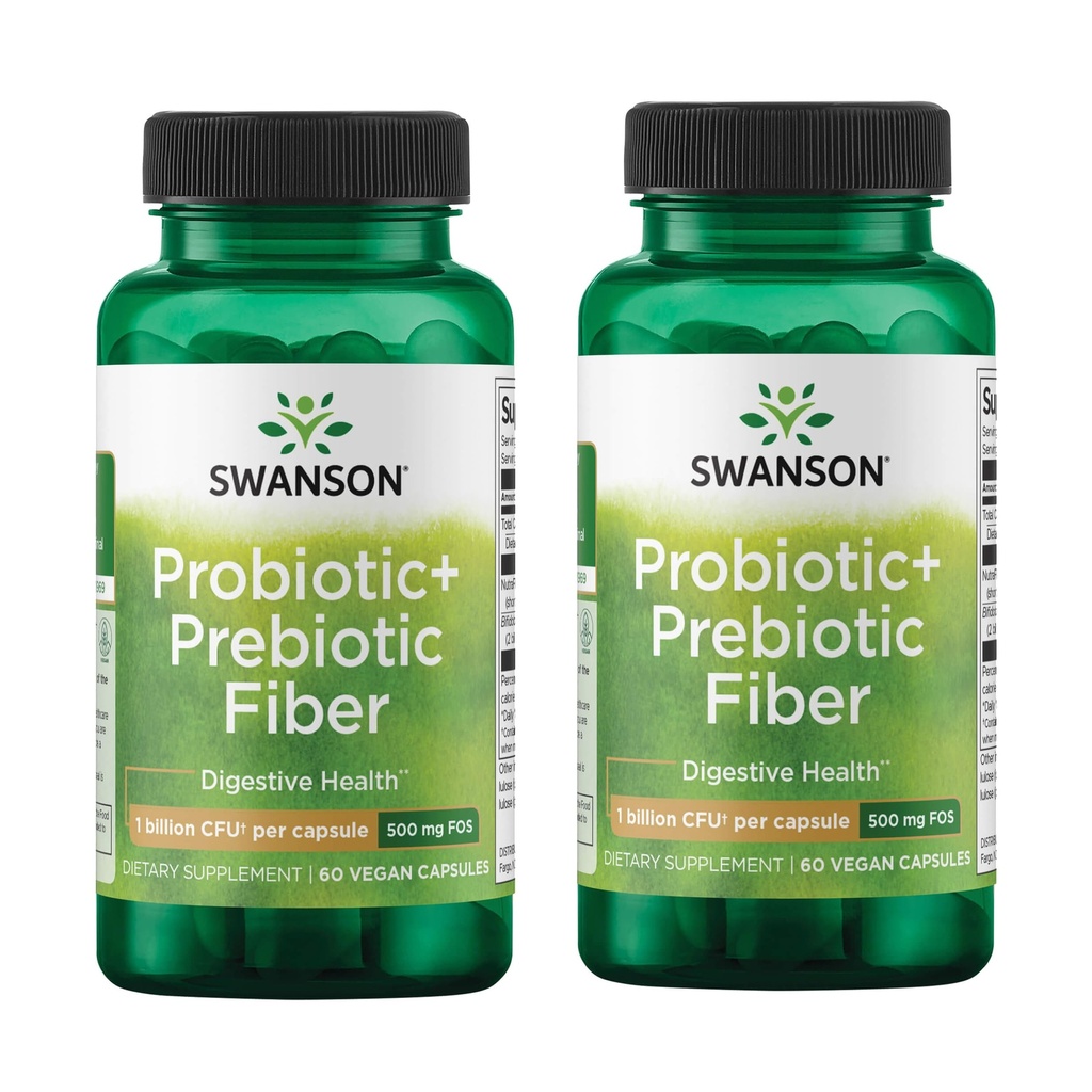 Swanson Prebiotic + Probiotická Vlákna - Přírodní dodatek Podpora trávicího systému a imunitní zdravotní podpory - Podpory Regularity & GI Tract Health - (60 Kapsle, 500 milionů CFU každý) (2 Pack)