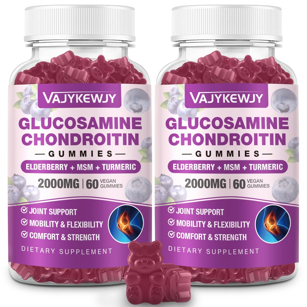 2 Balení 2000mg Glucosamine Chondroitin Gummies, Extra Strength Glucosamine s Chondroitin MSM & Turmeric, Společná podpora Dodatek, Antioxidační imunitní podpora - 120 Gummies