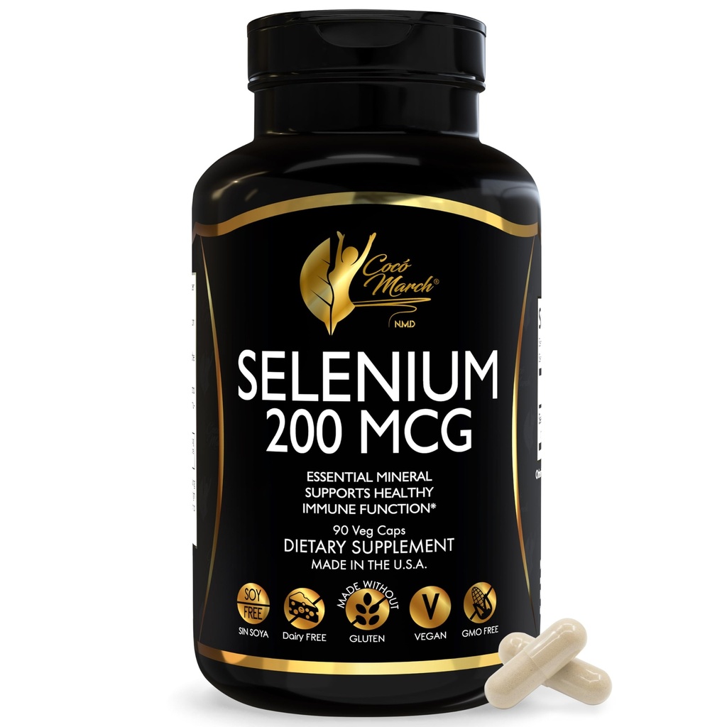 Cocó March N.M.D. Selen 200 mcg - doplněk pro podporu štítné žlázy a imunity - Esenciální minerální látky pro metabolismus a antioxidační obranu - Gluten zdarma, mléčné výrobky zdarma & Vegan - 3 měsíce dodávky, 90 Veg Kapsle