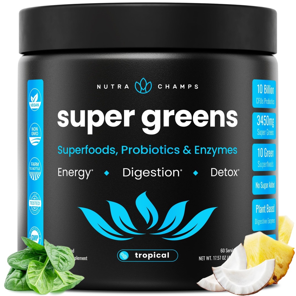 NutraChamps Super Greens Powder Premium Superfood 124; 20 + Organic Green Veggie Whole Foods CLAS124; Wheat Grass, Spirulina, Chlorella CLAS124; Antioxidant, Digestive Enzyme & Probiotic Blends (9.1 OZ, Tropical)