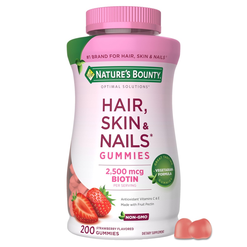 Nature 's Bounty Optimální řešení Vlasy, kůže a nehty Pectin Gummies, 2500 mcg Biotin per Serving, No Stick Gummy, Vegetarian Formule, Jahodová příchuť, 200 počet, 100 Celkem Služeb
