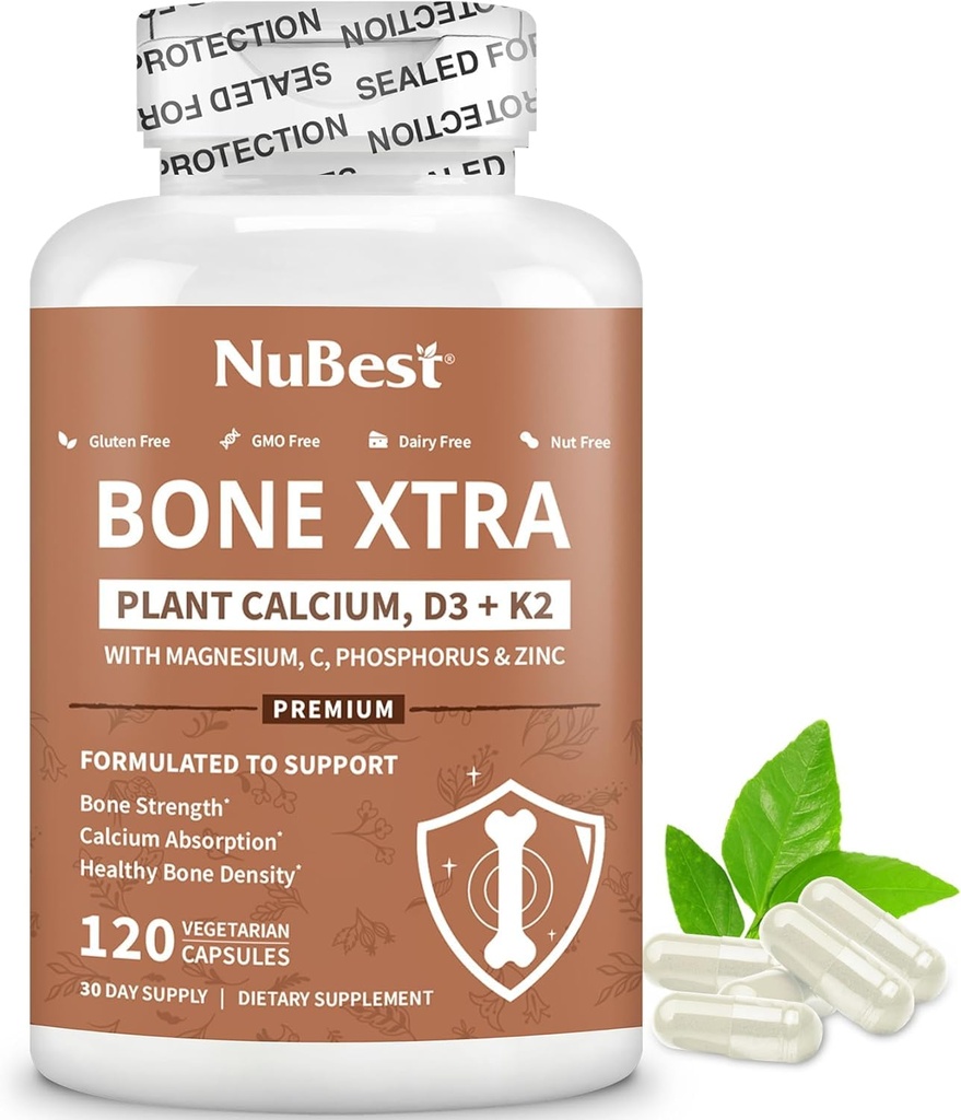 NuBest Bone Xtra - Rostlinné kostní síly, Strontium Boost se Strontium Citrát, vápník, hořčík z mořských řas, fosfor, vitamin C, K2, D3 C124; maximální absorpce vápníku 124; 1 měsíční dodávka