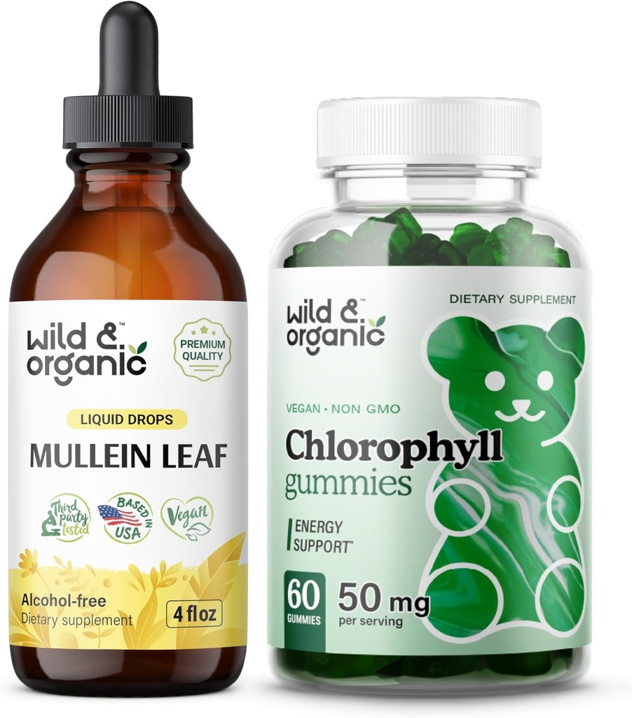 Wild & Organic Mullein kapky 4 oz & chlorofyl gumy 60 Žvýkačky