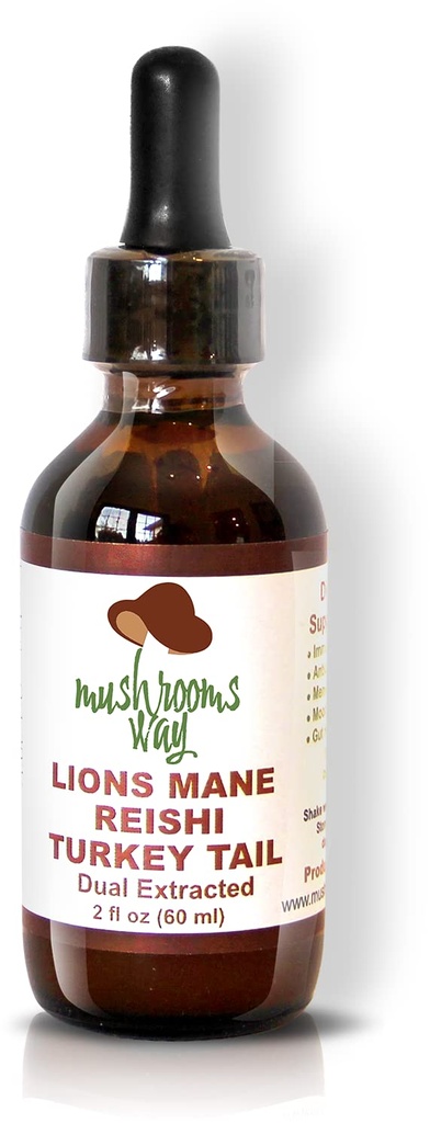 Lions Mane - Reishi - Turecko Tail - Houbový dodatek pro podporu imunitního systému - Duální extrakt pro nejlepší výhody - Brain Health, Gut Health, Heart Health - Non- GMO, Gluten Free, Vegan - 2 Fl Oz
