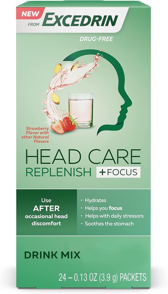 Excedrin Doplňování péče o hlavu Plus Focus From Excedrin Drink Mix s Electrolytes, L- Theanine, Ginger a kofein pro podporu zdraví hlavy - 24 Packets