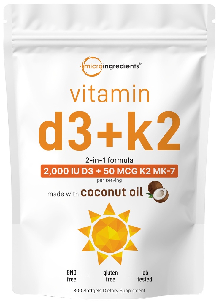 Micro Ingredients Vitamin D3 2000 IU + K2 MK- 7 50 mcg, 300 Softgels CLAS124; Virgin Coconut Oil CLAS124; 2- in-1 Support CLAS124; Easy to Swallow, Non- GMO