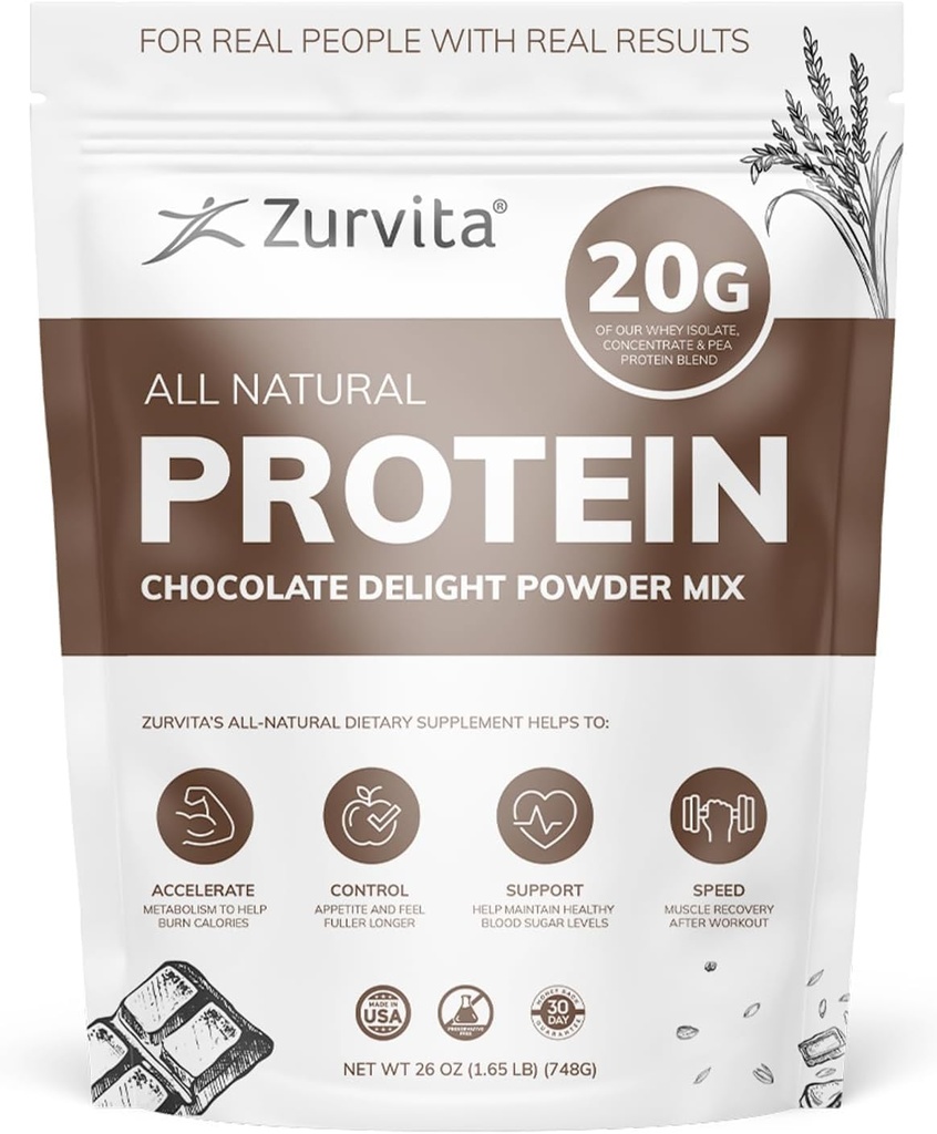 Zurvita - Čokoládový protein Powder - 20g Protein, Probiotika, 24 + vitaminy a minerály - Žádné umělé sladkosti - 26oz (20 Služeb)